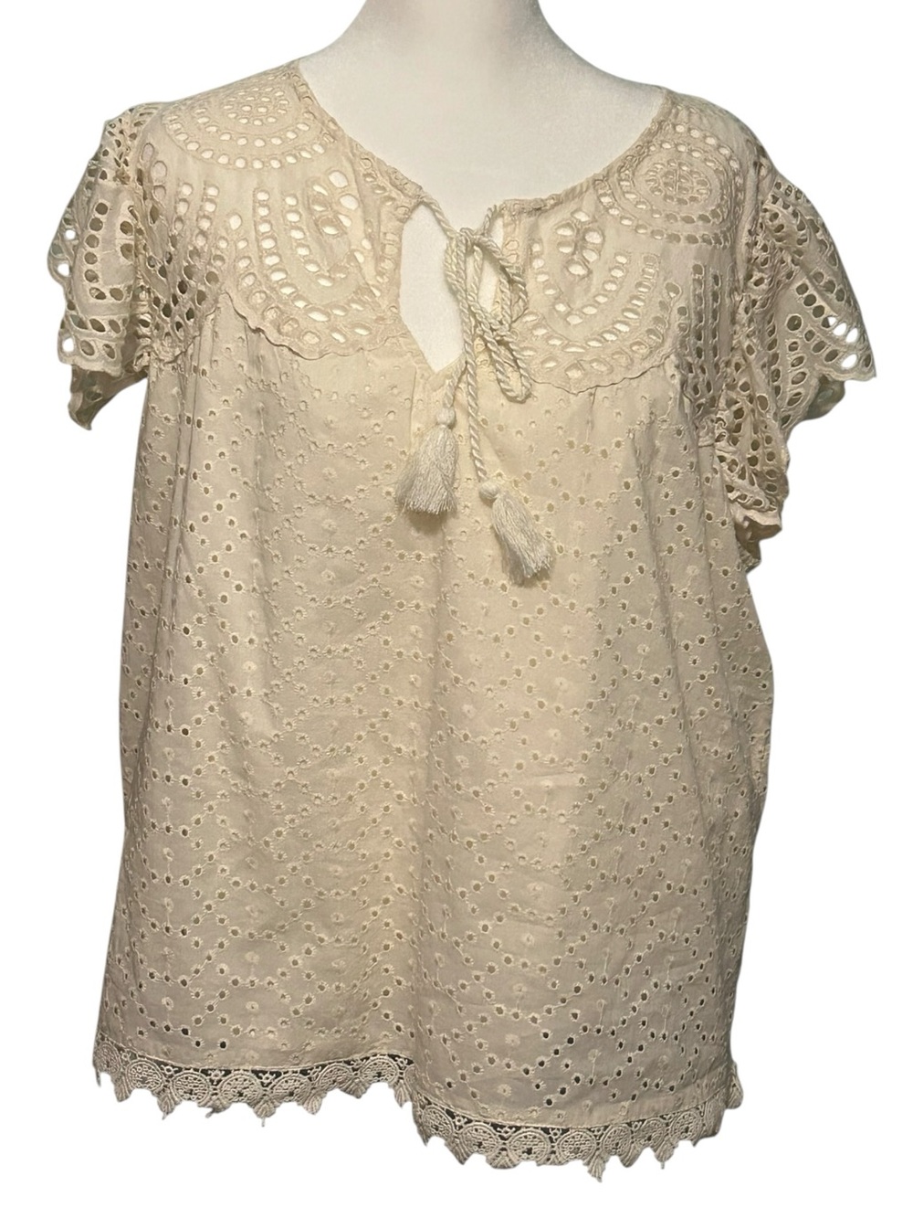 Jennifer Grace Ivory Eyelet Lace Boho Peasant Top Size L